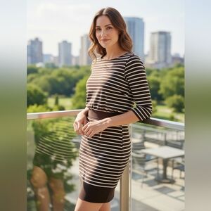 White House Black Market Black & White Striped 3/4th Sleeve Dress Size M